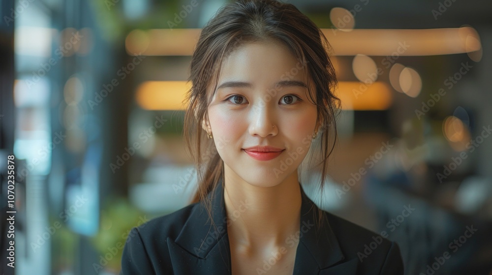 Naklejka premium Young Asian businesswoman in a black blazer with hair tied back smiles warmly at the camera, exuding a friendly vibe in the portrait.