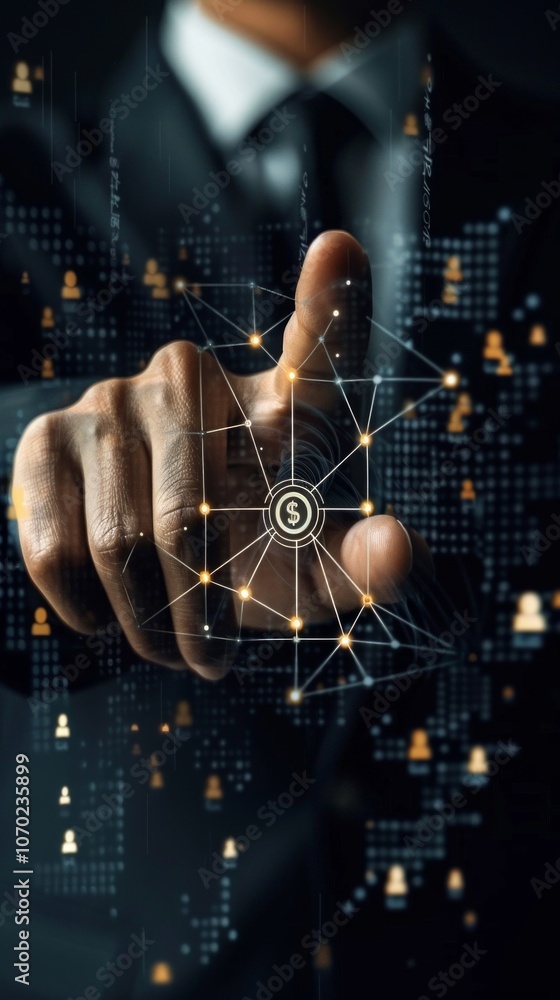Fototapeta premium A person in a suit interacts with a dollar-sign virtual screen in a complex digital environment, reflecting financial growth and technology-driven strategies.