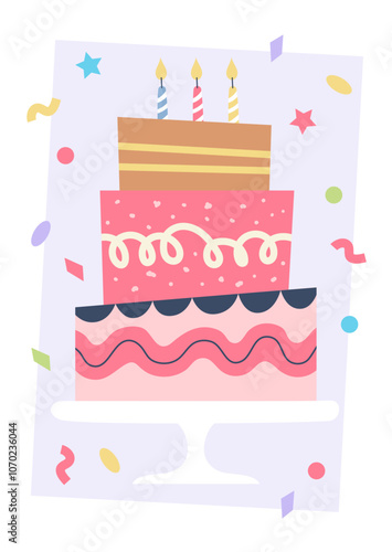 Happy birthday greeting card. Cute colorful party cake with candles. Vector illustration template