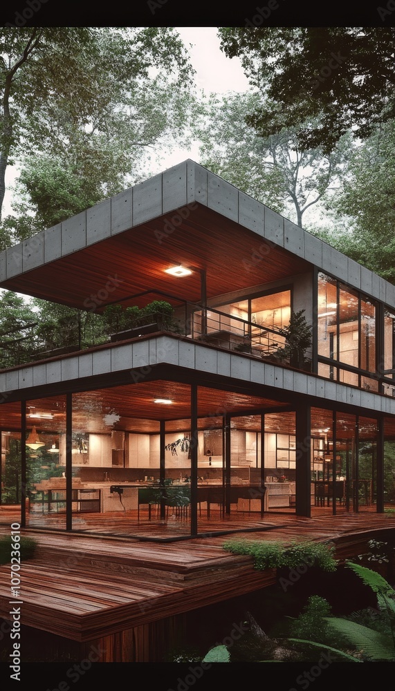 Modern Two-Story Home with Expansive Floor-to-Ceiling Windows Nestled in a Lush Forest Setting. Modern Two-Story Home with Expansive Floor-to-Ceiling Windows Nestled in a Lush Forest Setting.