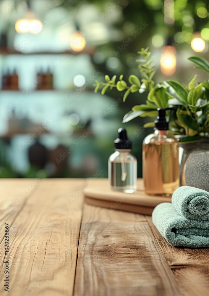 Glass bottle of essential oil with medical herb or moisturizing serum on blurred spa salon interior background. Natural cosmetics for spa and massage on vintage wooden countertop.Aromatherapy concept Glass bottle of essential oil with medical herb or moisturizing serum on blurred spa salon interior background. Natural cosmetics for spa and massage on vintage wooden countertop.Aromatherapy concept