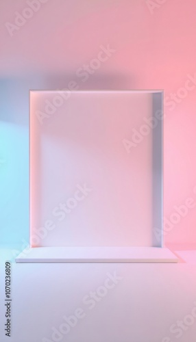 Minimalist white frame with a pink and blue gradient backdrop.