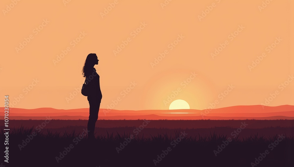 Fototapeta premium Lone woman silhouette standing on the field at sunset in warm colors