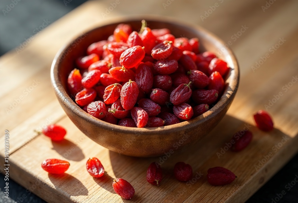 A bowl of dried goji berries in a rustic wooden bowl placed on a textured wooden cutting board A bowl of dried goji berries in a rustic wooden bowl placed on a textured wooden cutting board