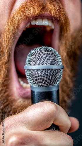 A passionate performer singing into a microphone with enthusiasm on stage during a dynamic music event at night photo