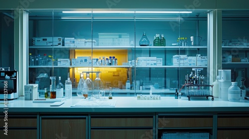 A well-equipped laboratory with glassware and chemicals on the countertop and shelves, lit by overhead fluorescent lights.