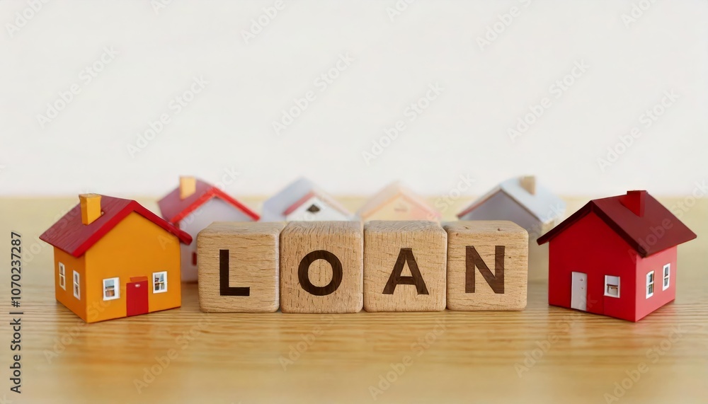 The image features miniature houses and wooden blocks spelling The image features miniature houses and wooden blocks spelling