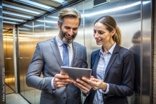 Business Colleague Discussing Project On Tablet In The Elevator