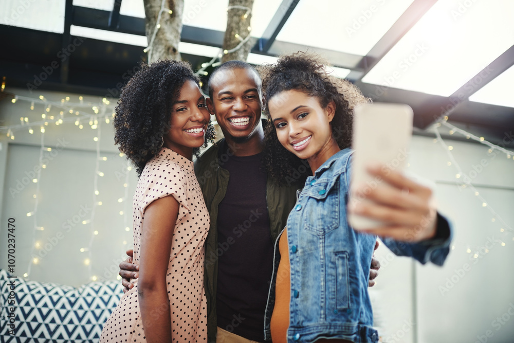 Friends, selfie and happy in group at club with hug, celebration and memory at new years event. Women, man and smile with photography, mobile app and profile picture with social network at party