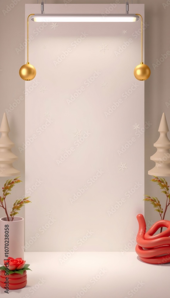 Minimalist white room with gold pendant lamps, snowflake designs, and pink and orange objects. Minimalist white room with gold pendant lamps, snowflake designs, and pink and orange objects.