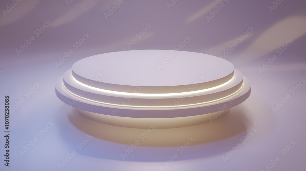 3D rendered illuminated podium with layered design on soft pastel background for product showcase 3D rendered illuminated podium with layered design on soft pastel background for product showcase