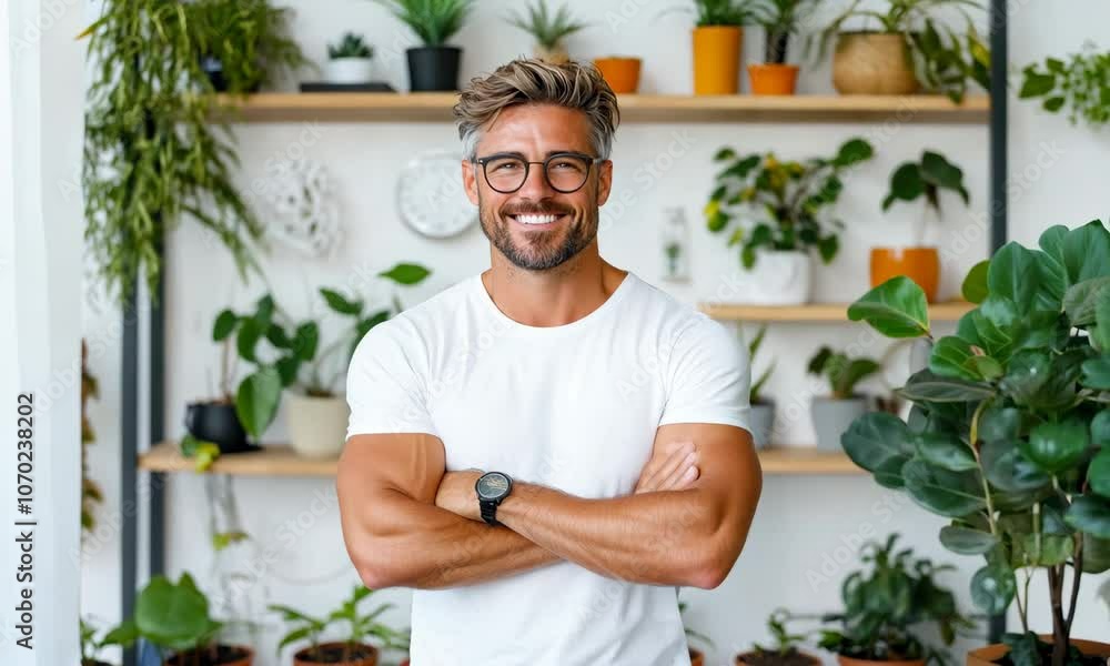 A man stands confidently in a bright room filled with various plants and greenery A man stands confidently in a bright room filled with various plants and greenery