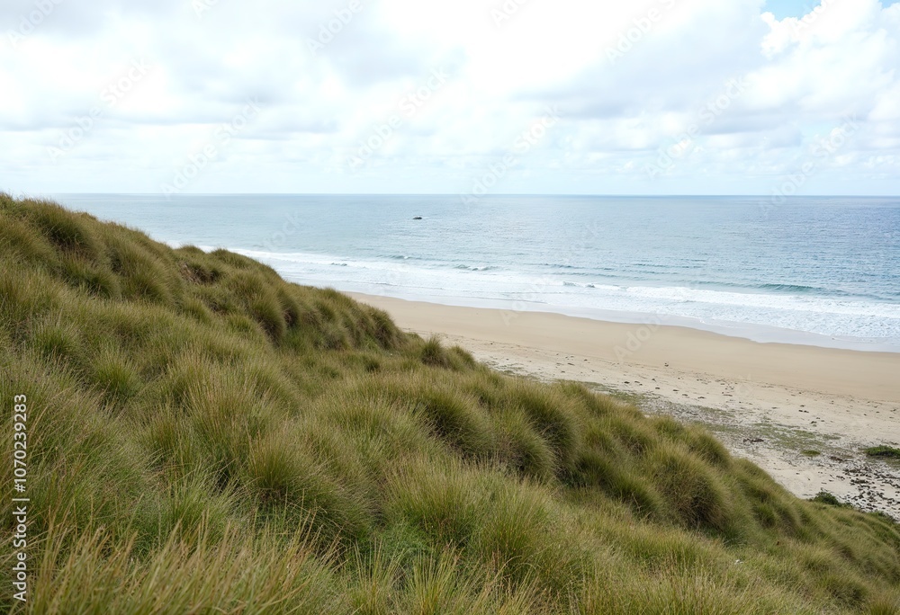 A coastal landscape with a grassy hill overlooking the beach and ocean. In the distance, a small boat can be seen on the water A coastal landscape with a grassy hill overlooking the beach and ocean. In the distance, a small boat can be seen on the water