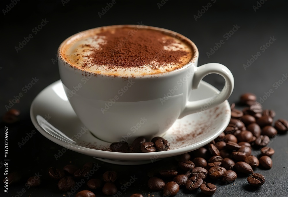 A cup of cappuccino or latte with coffee beans scattered around it on a dark background A cup of cappuccino or latte with coffee beans scattered around it on a dark background