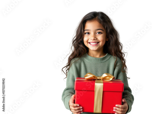 Portrait of a cheerful young girl holding a large present, isolated on transparent background