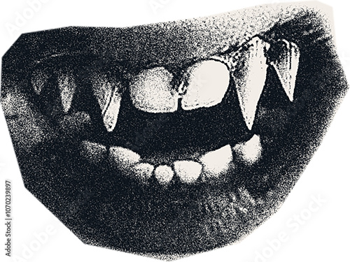 Quadro su tela Collage halftone photo vampire mouth with sharp teeth