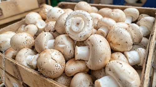 A wooden crate full of fresh white button mushrooms.