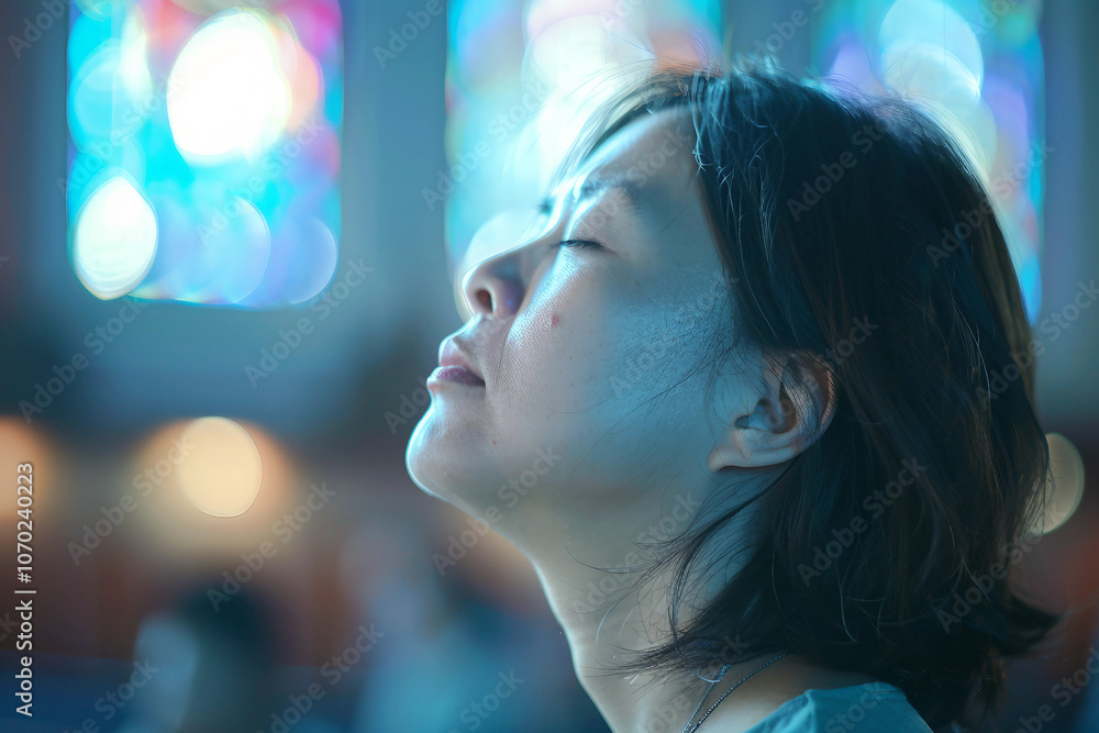 Generative AI Portrait of Peaceful Person in Church with Radiant Light and Religious Reverence Generative AI Portrait of Peaceful Person in Church with Radiant Light and Religious Reverence