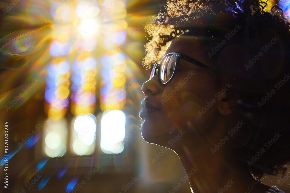 Generative AI Portrait of Peaceful Person in Church with Radiant Light and Religious Reverence Generative AI Portrait of Peaceful Person in Church with Radiant Light and Religious Reverence