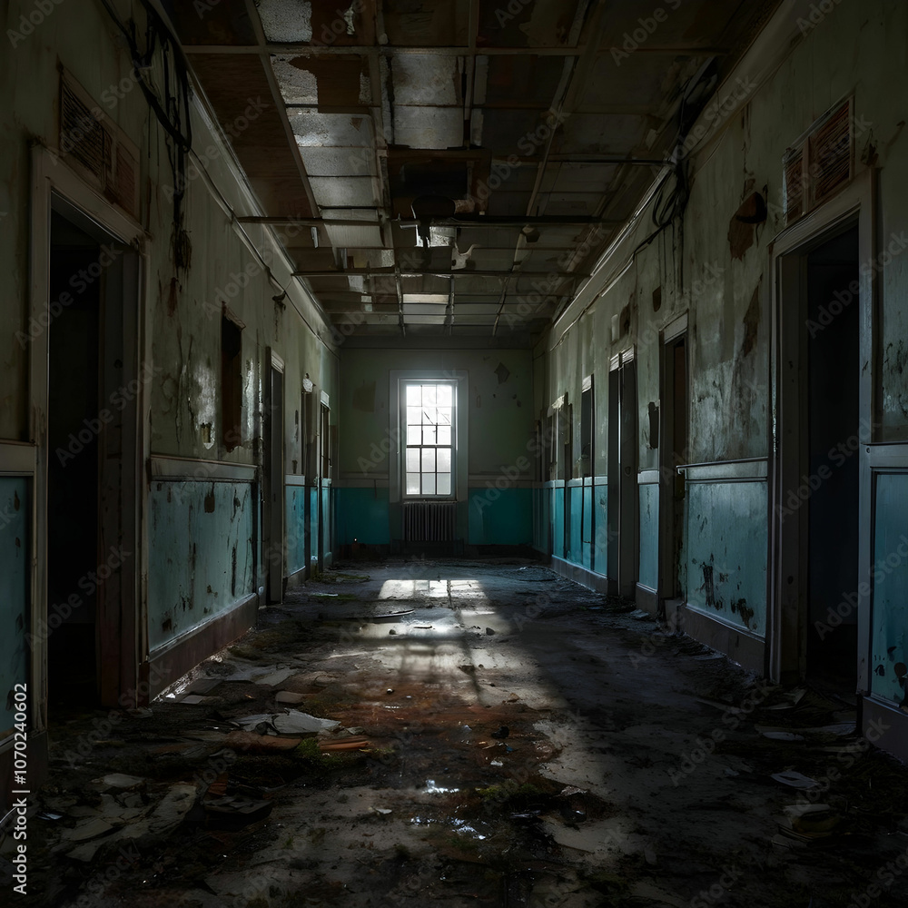 An abandoned asylum features flickering lights, casting eerie shadows An abandoned asylum features flickering lights, casting eerie shadows
