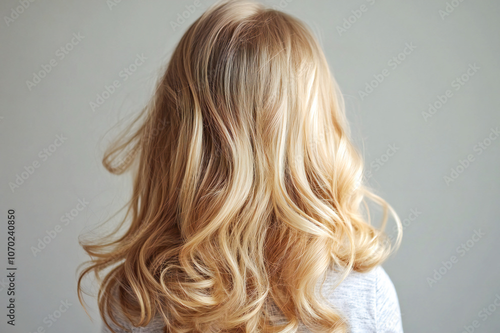 Fototapeta premium Beautiful blonde girl hair after hair coloring in the salon, shiny locks of hair and new hairstyle