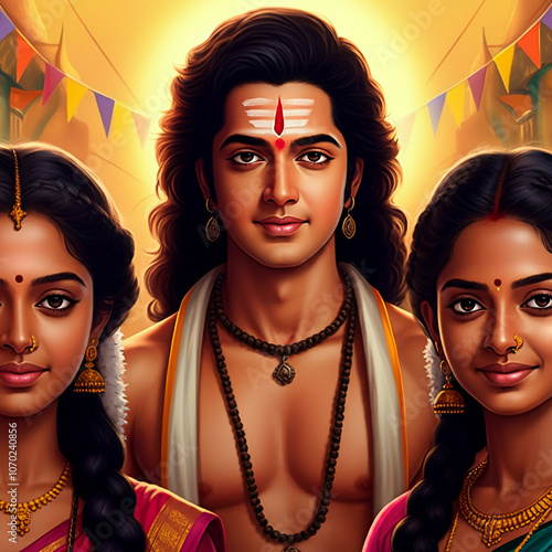 Lord Kartikeya with his consorts Valli and Deivanai, symbolizing divine companionship, love, and unity, set against a festive backdrop photo