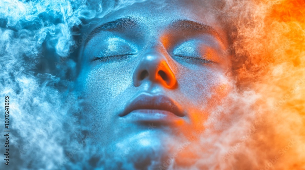 A woman's face is shown in a blue and orange smoke A woman's face is shown in a blue and orange smoke