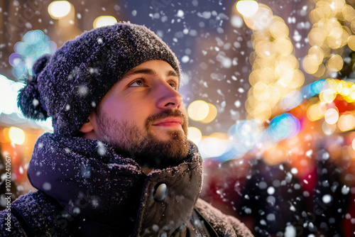 Generative AI image of joyful winter Christmas fair with snow falling festive lights, perfect for holiday and celebration themes