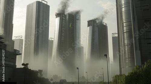 Towering Towers, Troubled Skies: A City Choked by Overpopulation.Dystopian future, overpopulation, environmental pollution, urban decay, urban sprawl, environmental degradation, climate change. photo