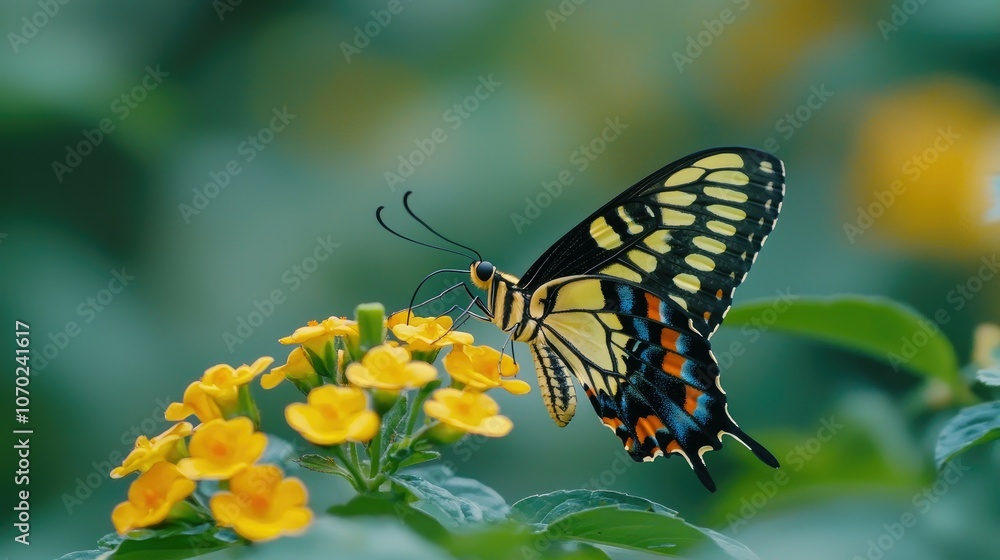 A yellow and black butterfly with blue and red accents sits on a cluster of yellow flowers with green foliage in the background. A yellow and black butterfly with blue and red accents sits on a cluster of yellow flowers with green foliage in the background.