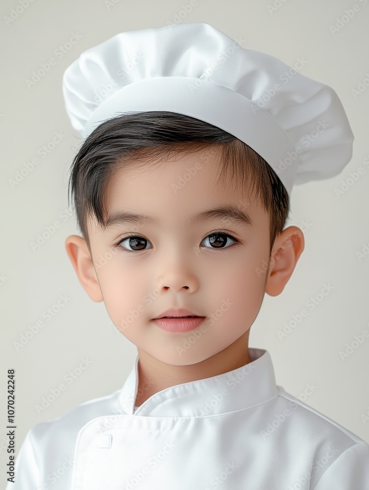 Young boy wearing a white chef hat and uniform, posing confidently with a gentle smile in a well-lit indoor setting, showcasing his enthusiasm for cooking and culinary arts Young boy wearing a white chef hat and uniform, posing confidently with a gentle smile in a well-lit indoor setting, showcasing his enthusiasm for cooking and culinary arts