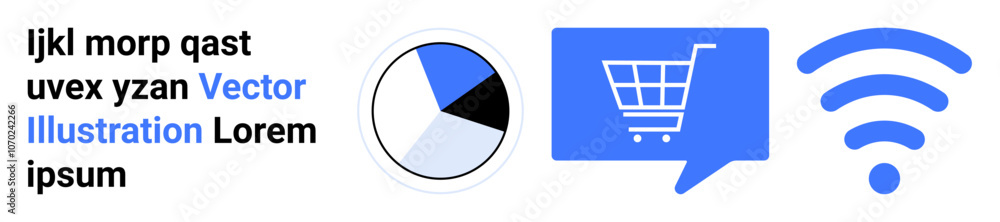 Pie chart with segments in grey, white, blue, black blue shopping cart inside a speech bubble blue wireless signal icon. Ideal for e-commerce, connectivity, data analysis, shopping, online services Pie chart with segments in grey, white, blue, black blue shopping cart inside a speech bubble blue wireless signal icon. Ideal for e-commerce, connectivity, data analysis, shopping, online services