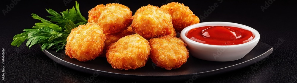 chicken nuggets with sauce on a black background: ketchup chicken nuggets with sauce on a black background: ketchup