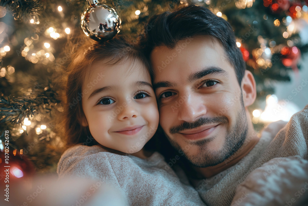 Generative AI image of mother father child couple family together by decorated Christmas tree holiday celebration themes Generative AI image of mother father child couple family together by decorated Christmas tree holiday celebration themes