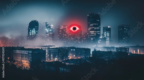 Wallpaper Mural The Red Digital Eye of Malice in the Sky: A Cyberattack Lingers Over the City.Concept of cybercrime, data security, and digital threats，Cybersecurity, IT security, and information technology,surveilla Torontodigital.ca