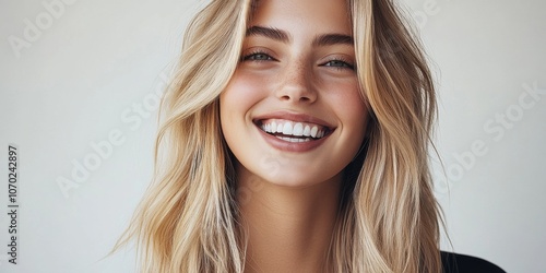 A studio portrait photo of a smiling european blonde woman with a stylish, long vavy haircut, her hair framing her face elegantly. photo