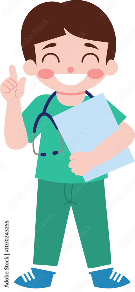 Happy Young Doctor Holding Clipboard and Pointing Up Happy Young Doctor Holding Clipboard and Pointing Up
