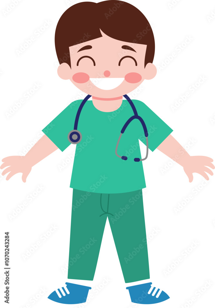 Smiling Cartoon Doctor Boy in Green Scrubs with Stethoscope Smiling Cartoon Doctor Boy in Green Scrubs with Stethoscope