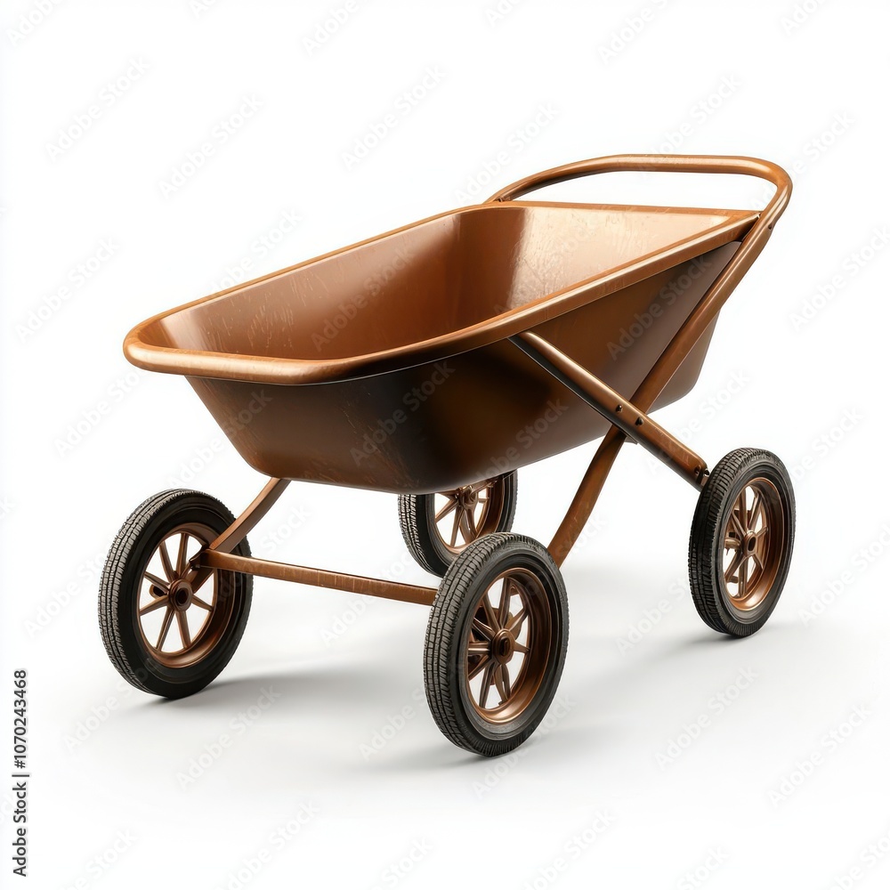 A brown wheelbarrow with a unique design, featuring a rounded container and sturdy wheels, ideal for gardening and outdoor tasks A brown wheelbarrow with a unique design, featuring a rounded container and sturdy wheels, ideal for gardening and outdoor tasks