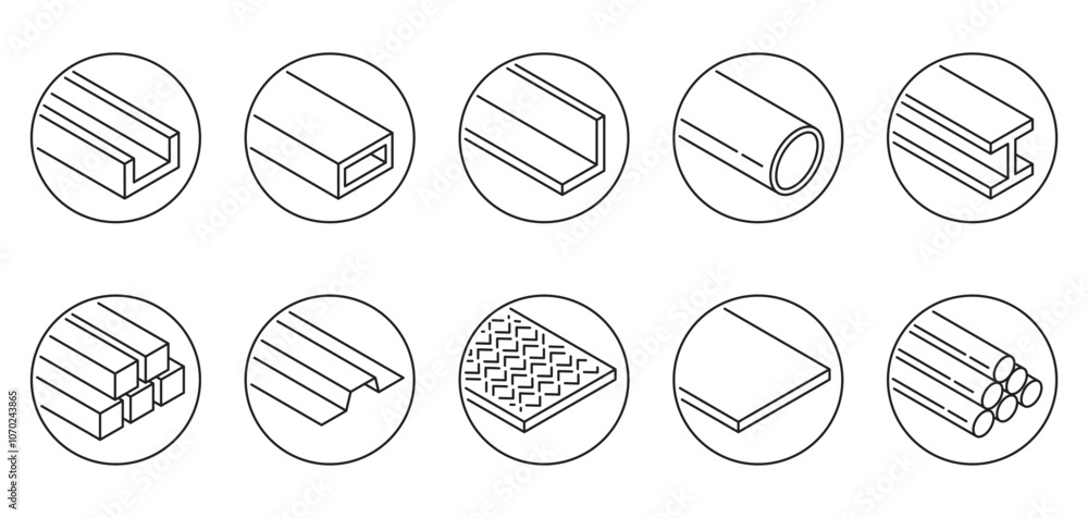 Fototapeta premium Rolled metal and metallurgical products icons in circle shape and thin line