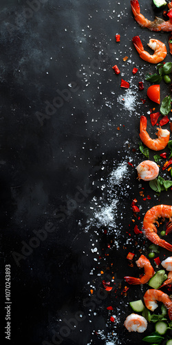 Very rich, fresh and delicious shrimps, the ultimate shrimps. Exquisite, ultimate cuisine. Poster, commercial, poster, wallpaper, vegetables, menu, restaurant, background, shrimps, photography