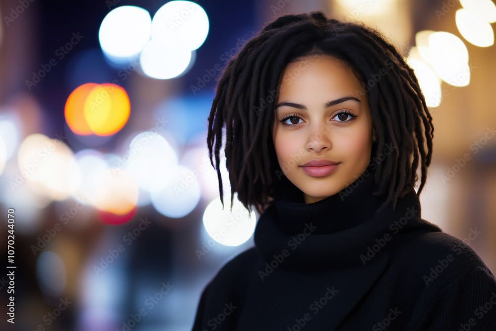 Pensive Woman with Short Dreads Standing in Night Cityscape with Blurred Urban Background Pensive Woman with Short Dreads Standing in Night Cityscape with Blurred Urban Background