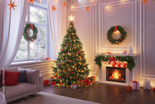A Christmas tree decorated for Christmas, with a star on the top, in an interior with a window outside of which there is a snowy winter. 3d render