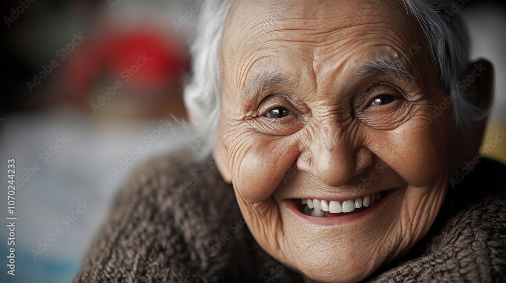 An elderly woman with a warm smile enjoys a moment of joy while sitting indoors, surrounded by soft light, showcasing the beauty of aging and the charm of everyday life An elderly woman with a warm smile enjoys a moment of joy while sitting indoors, surrounded by soft light, showcasing the beauty of aging and the charm of everyday life