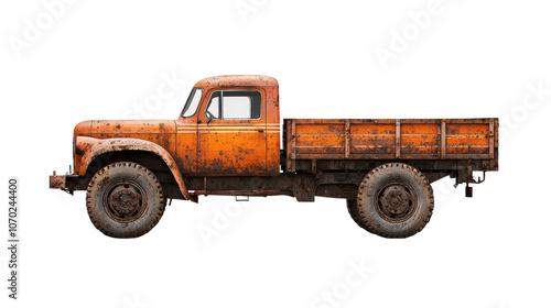 vintage rusty orange truck with wooden bed, showcasing its weathered texture and classic design. Perfect for nostalgic themes