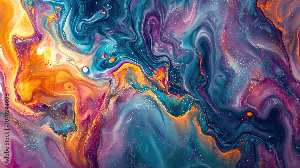 Obraz premium Abstract art with swirling patterns of vibrant colors in blue, purple, orange, and yellow.