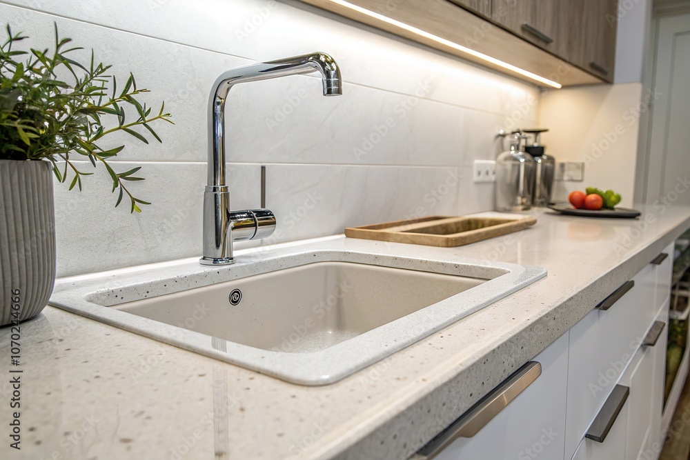Contemporary kitchen sink and faucet, clean aesthetic, modern design. Contemporary kitchen sink and faucet, clean aesthetic, modern design.