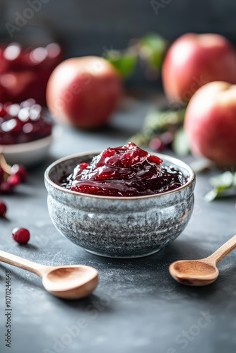 Apple jam in a bowl on the background of the table with copy space. Canned preserves from the summer garden apple harvest recipes