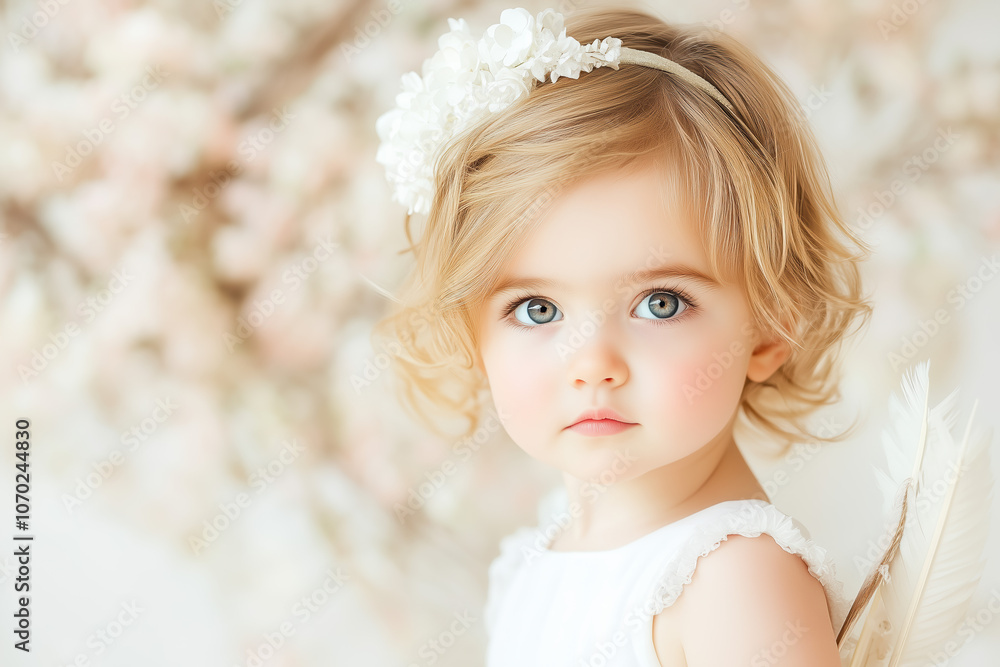 Whimsical Young Cupid with Radiant Smile Holding Bow and Arrow in Enchanting Floral Background for Romantic and Joyful Scene Whimsical Young Cupid with Radiant Smile Holding Bow and Arrow in Enchanting Floral Background for Romantic and Joyful Scene