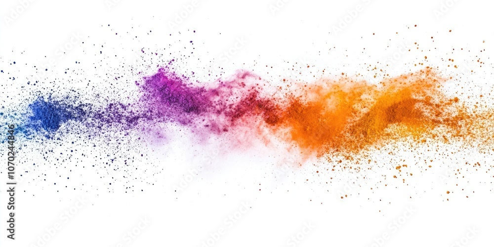 Abstract powder scattered on a white background, capturing the freeze motion of color powder bursting or being thrown, creating a multicolored glitter texture.